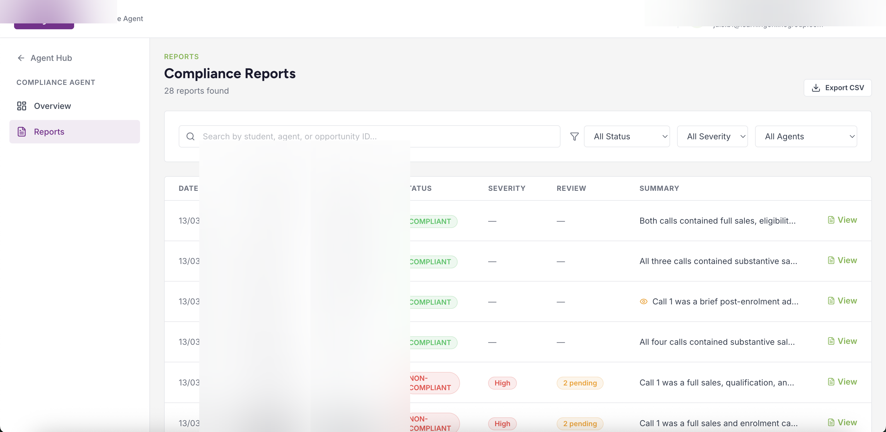 Callcoach compliance reports